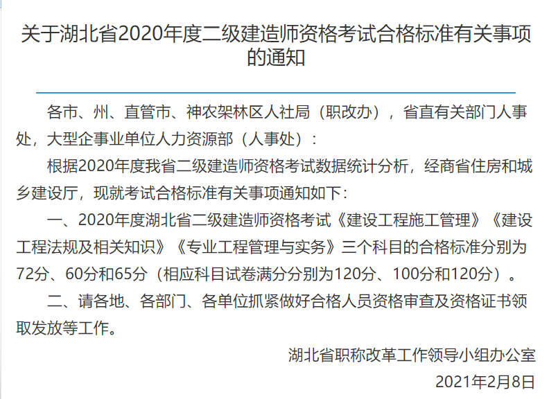 2020年湖北省二级建造师考试成绩合格标准已出，分数线每年都在上涨趋势